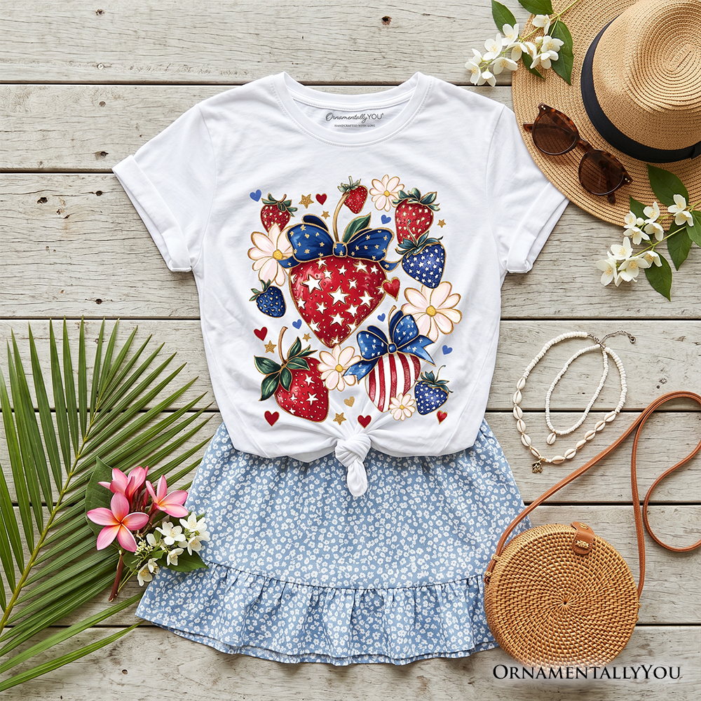 Kids Patriotic Boho Strawberries Bouquet T-Shirt, Youth 4th of July Festive Patch Tee