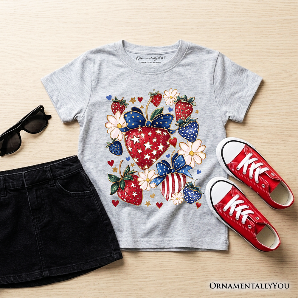 Kids Patriotic Boho Strawberries Bouquet T-Shirt, Youth 4th of July Festive Patch Tee