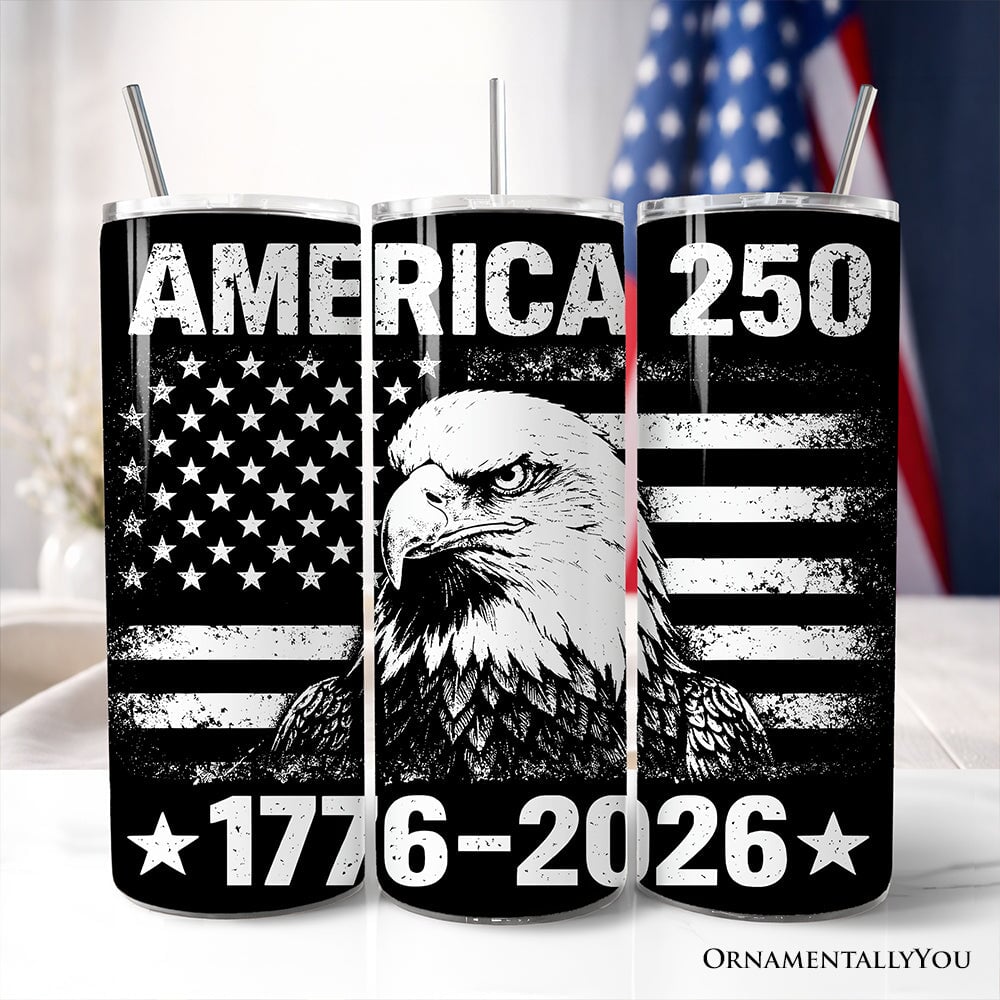 America 250 Freedom Flag Eagle 20oz Personalized Tumbler With Lid and Stainless Steel Straw, 4th of July Patriotic 1776–2026 Gift Cup